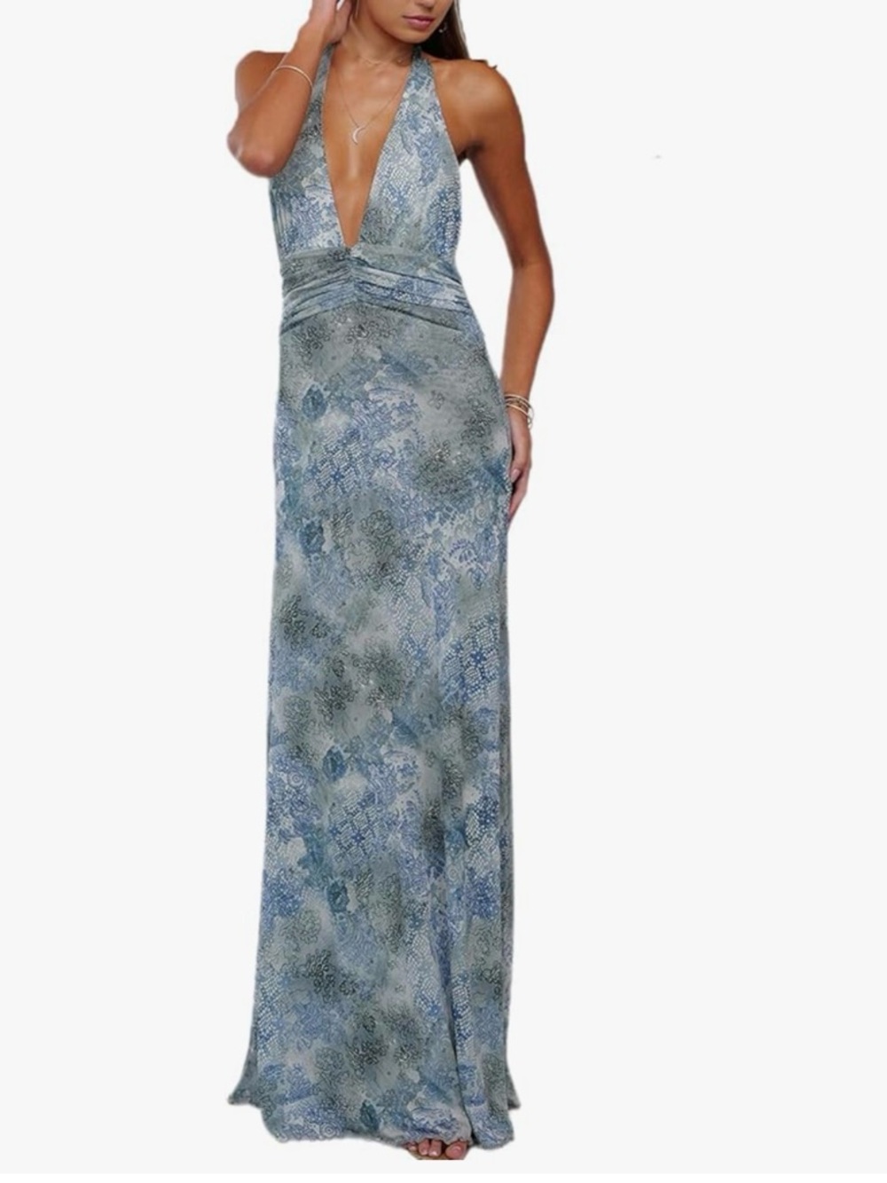 Halter V-Neck Maxi Dress in Blue-Green Print